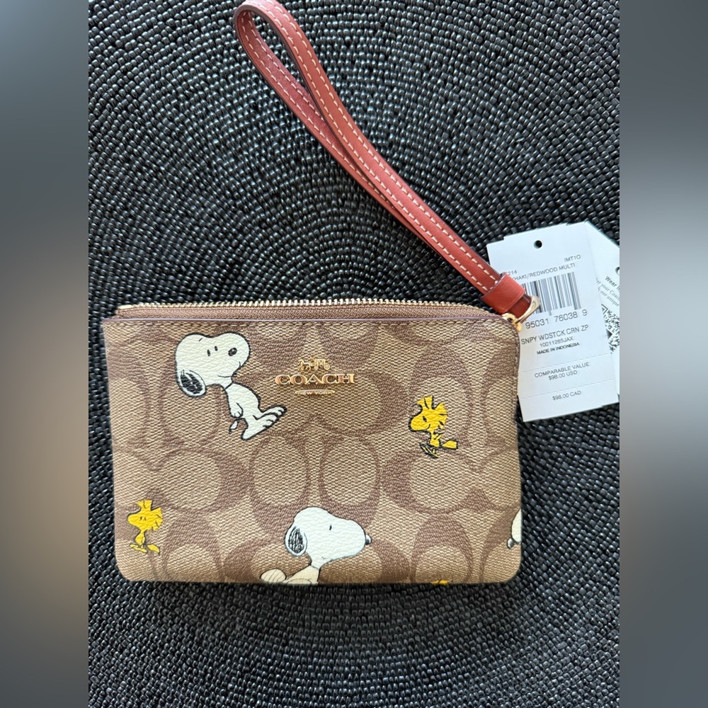 Coach Brown Wristlet with Snoopy and Woodstock